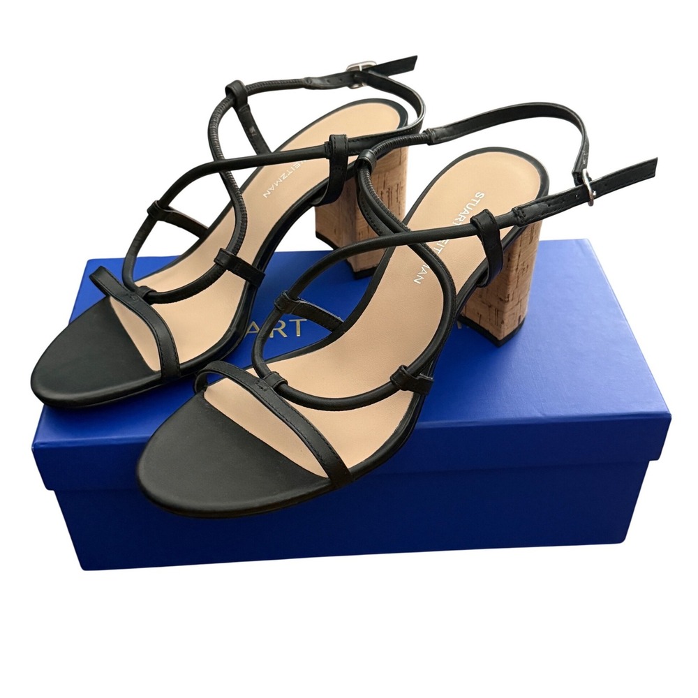 Stuart Weitzman Black Leather Strappy Cork Block Heel Sandals 7.5